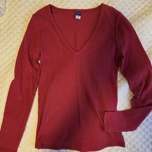 Pink V-Neck Ribbed Long Sleeve Top